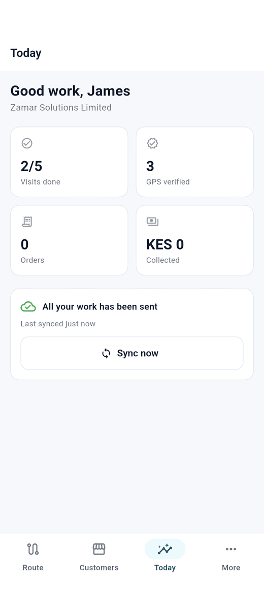 The Today screen showing visits done, GPS verified, orders and cash collected